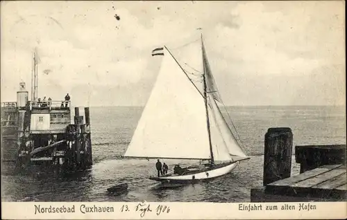 Ak Nordseebad Cuxhaven, Einfahrt zum alten Hafen, Segelboot