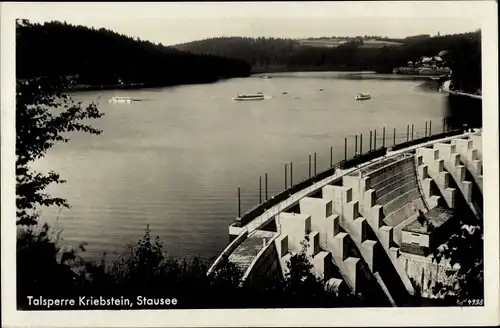 Ak Kriebstein Mittelsachsen, Talsperre aus der Vogelschau, Staubecken