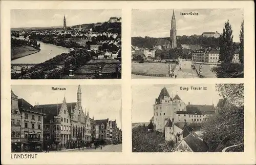 Ak Landshut in Niederbayern, Gesamtansicht, Isarbrücke, Burg Trausnitz, Rathaus