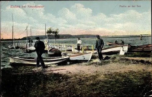 Ak Einfeld Neumünster in Holstein, an der See, Boote, Männer