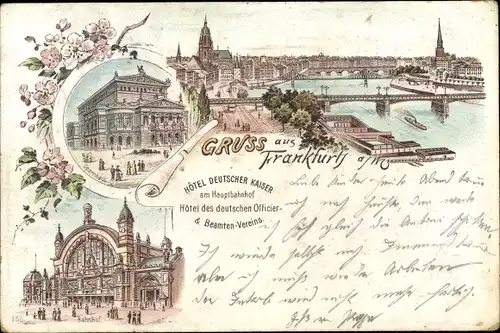 Litho Frankfurt am Main, Stadtbild, Hotel Deutscher Kaiser, Bahnhof, Opernhaus