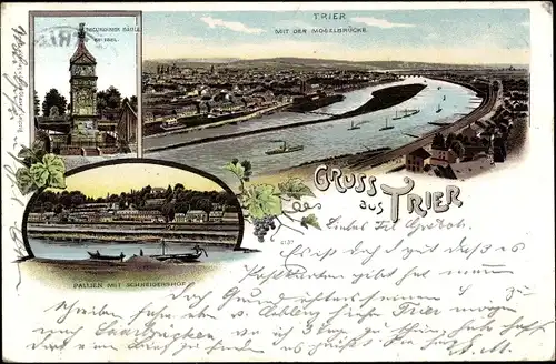 Litho Trier in Rheinland Pfalz, Secundiner Säule, Pallien mit Schneidershof, Moselbrücke