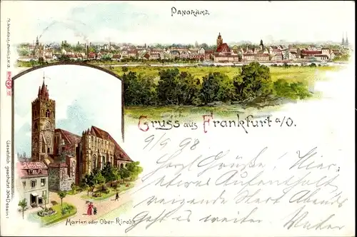 Litho Frankfurt Oder, Panoramablick mit Marienkirche