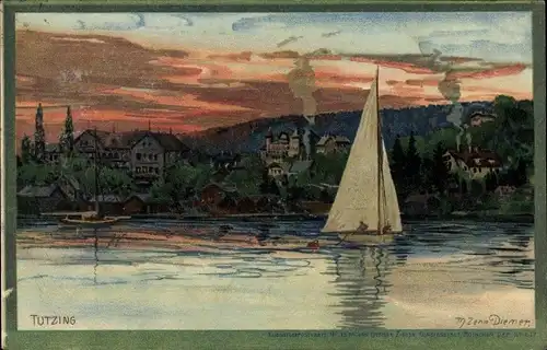 Künstler Litho Diemer Z., Tutzing im Kreis Starnberg Oberbayern, Segelboot auf See