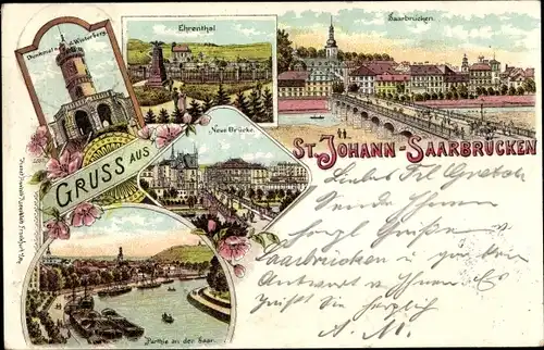 Litho St. Johann Saarbrücken im Saarland, Denkmal, Neue Brücke, Stadt