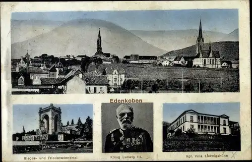 Ak Edenkoben an der Haardt Pfalz, Totale, Sieges- u. Friedensdenkmal, König Ludwig III., Villa