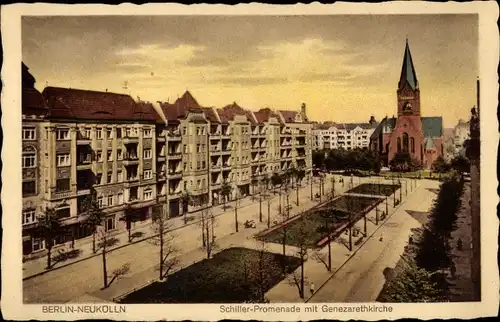 Ak Berlin Neukölln, Schillerpromenade mit Genezarethkirche