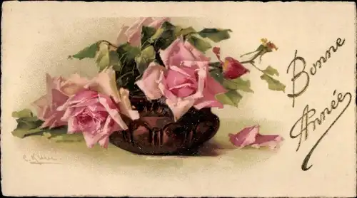 Künstler Litho Klein, C., Glückwunsch Neujahr, Rosen, Wasserschale