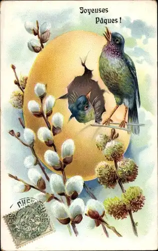 Präge Ak Glückwunsch Ostern, Vögel, Osterei, Weidenkätzchen