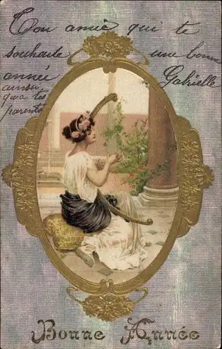 Präge Passepartout Litho Glückwunsch Neujahr, Frau spielt ein Musikinstrument