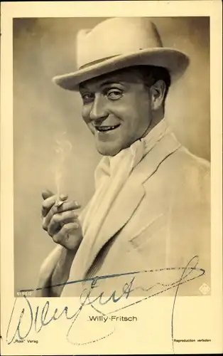 Ak Schauspieler Willy Fritsch, Portrait, Hut, Zigarette, Autogramm