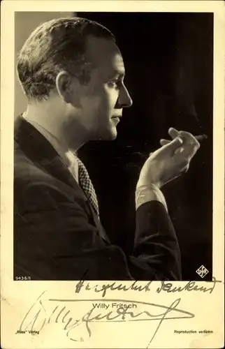 Ak Schauspieler Willy Fritsch, Portrait im Profil, Zigarette, Autogramm