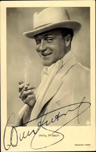 Ak Schauspieler Willy Fritsch, Portrait, Hut, Zigarette, Autogramm