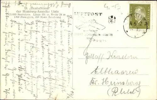 Ak Dampfschiff Deutschland, HAPAG