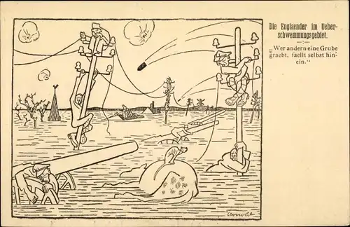 Künstler Ak Die Engländer im Überschwemmungsgebiet, Wer andern eine Grube gräbt