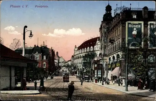 Ak Plauen im Vogtland, Postplatz, Trömel, Straßenbahn, Reklame Rüger