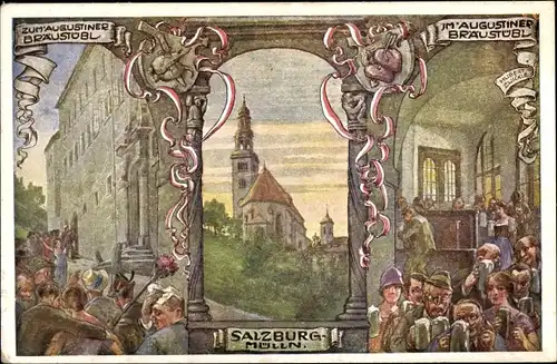 Ak Salzburg in Österreich, Augustiner Bräustübl, Kirche, Bier, Gäste