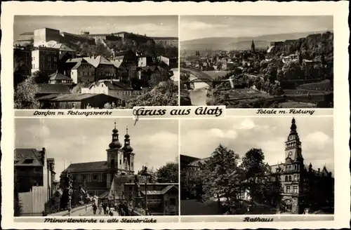 Ak Kłodzko Glatz Schlesien, Rathaus, Festung, Donjon, Minoritenkirche, Steinbrücke