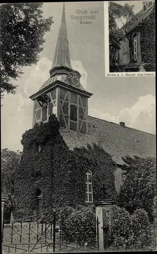Ak Hamburg Wandsbek Bergstedt, Kirche, Birke an der Mauer wachsend