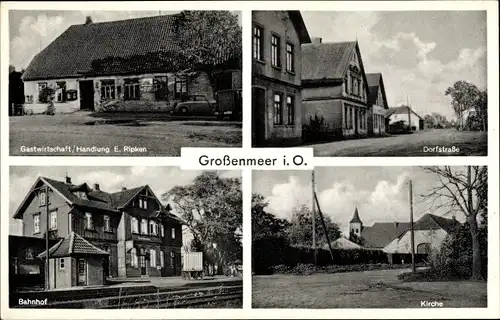 Ak Großenmeer Ovelgönne Wesermarsch, Dorfstraße, Bahnhof, Kirche, Gastwirtschaft