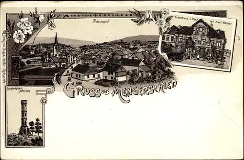 Litho Mengerschied im Hunsrück, Totalansicht, Gasthaus zur Post, Aussichtsturm Attenburg