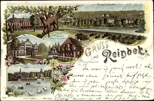 Litho Reinbek in Schleswig Holstein, Schloss, Sophienbad, Pension Scherer, Landhaus, Mühlenteich