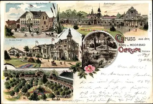 Litho Bad Oldesloe in Holstein, Hotel zur Krone, Konzertplatz, Badehäuser