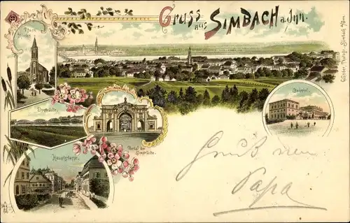 Litho Simbach am Inn in Niederbayern, Portal der Innbrücke, Bahnhof, Pfarrkirche, Hauptstraße