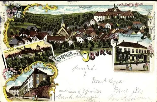 Litho Bad Iburg in Niedersachsen, Stadtpanorama, Schloss, Kloster, Hotel Gersemann