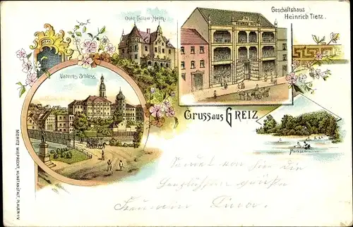 Litho Greiz im Vogtland, Unteres Schloss, Geschäftshaus, Parksee, Old-Fellow-Heim