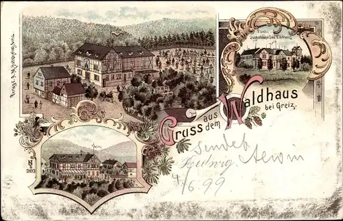 Litho Greiz im Vogtland, Waldhaus, Jagdschloss, Gesamtansicht