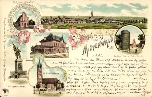 Litho Mittenwalde in der Mark, Pulverturm, Berliner Tor, Bahnhof, Kriegerdenkmal