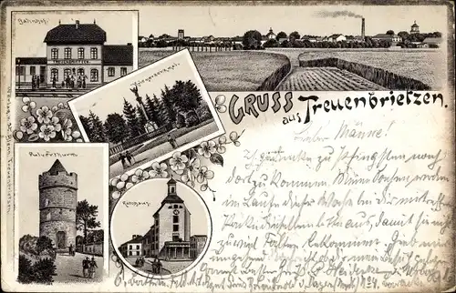 Litho Treuenbrietzen in Brandenburg, Bahnhof, Kriegerdenkmal, Pulverturm, Rathaus