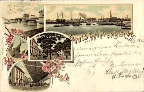 Litho Wittenberge an der Elbe Prignitz, Elbbrücke, Bahnstraße, Bahnhof