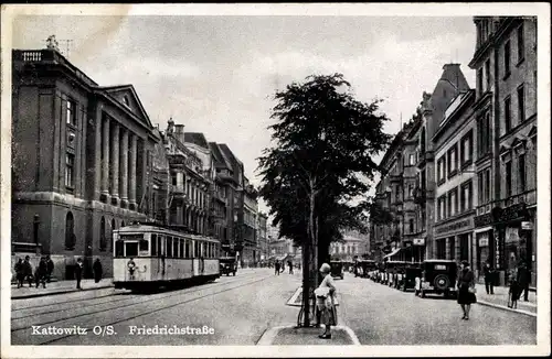 Ak Katowice Kattowitz Oberschlesien, Friedrichstraße, Straßenbahn