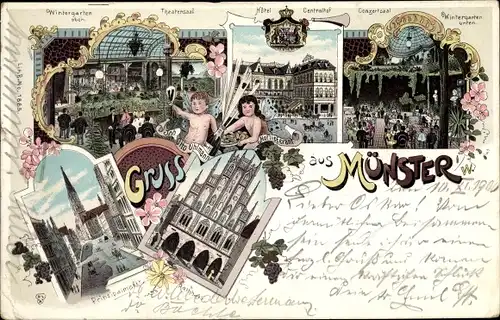 Litho Münster in Westfalen, Prinzipalmarkt, Hotel Zentralhof, Wintergarten