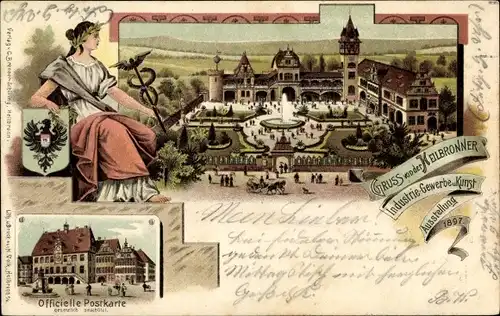 Litho Heilbronn in Baden Württemberg, Gewerbeausstellung 1897, Allegorie, Rathaus