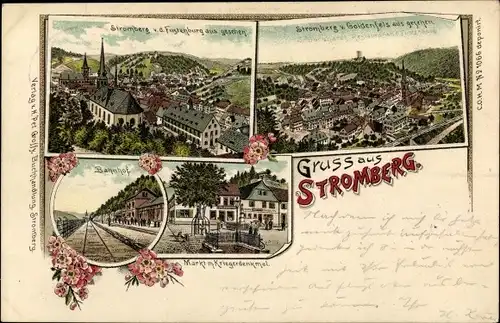 Litho Stromberg im Hunsrück, Blick von der Fürstenburg, Bahnhof, Markt, Kriegerdenkmal