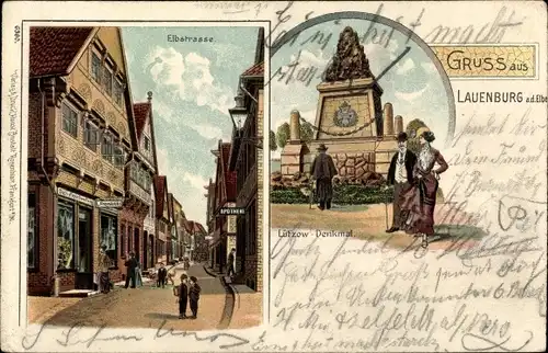 Litho Lauenburg an der Elbe,  Elbstraße, Lützow Denkmal