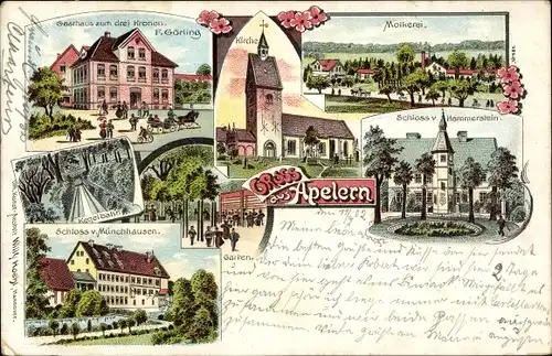 Litho Apelern in der Grafschaft Schaumburg, Gasthaus drei Kronen, Molkerei, Schloss, Kegelbahn