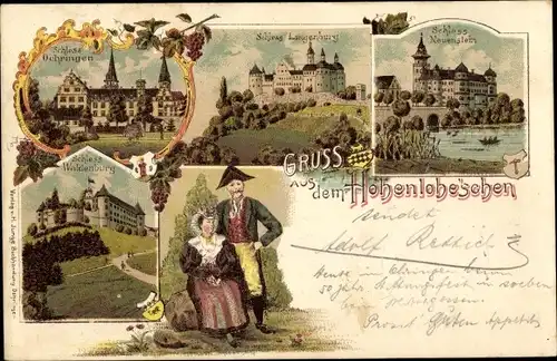 Litho Langenburg in Württemberg, Hohenlohe, Schlösser Oehringen, Waldenburg und Neuenstein