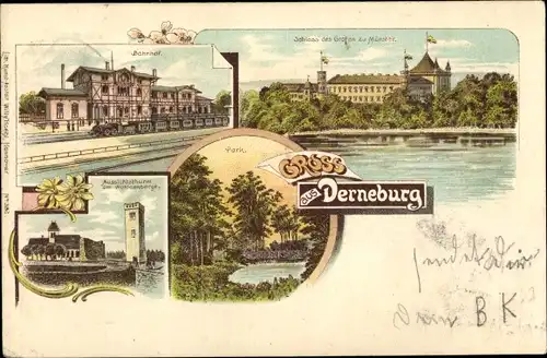 Litho Derneburg Holle in Niedersachsen, Bahnhof, Aussichtsturm, Schloss des Grafen zu Münster, Park