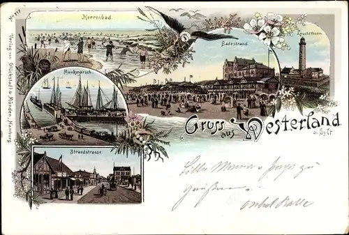 Litho Westerland auf Sylt, Herrenbad, Strandstraße, Leuchtturm, Munkmarsch, Badestrand