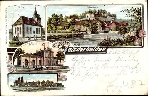 Litho Salzderhelden Einbeck in Niedersachsen, Heldenburg, Bahnhof, Saline, Kirche