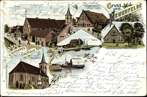 Litho Hamburg Harburg Neuenfelde, Bauernhaus Hofbesitzer P. Stehr, Kirche, Gasthaus