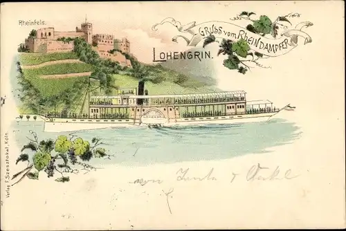 Litho St. Goar am Rhein, Burg Rheinfels, Dampfer Lohengrin