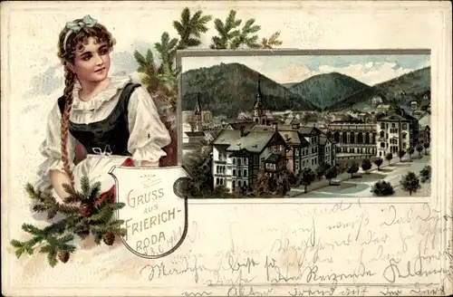 Passepartout Litho Friedrichroda im Thüringer Wald, Stadtansicht, Frau in Tracht