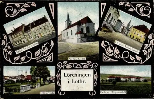 Ak Lorquin Lörchingen Lothringen Moselle, Katholische Kirche, Totalansicht, Heil und Pflegeanstalt