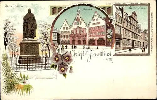 Winter Litho Frankfurt am Main, Goethe Denkmal, Römer, Goethe Haus