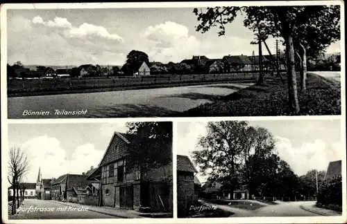 Ak Bönnien Bockenem Niedersachsen, Teilansicht, Dorfstraße, Kirche, Dorfplatz